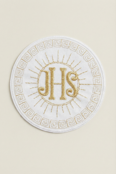 kuldne IHS embleem, tikitud embleem, esimene armulaud, armulaua kaunistus, riiete kaunistamine, laste pidulikud riided, armulaua sümbol